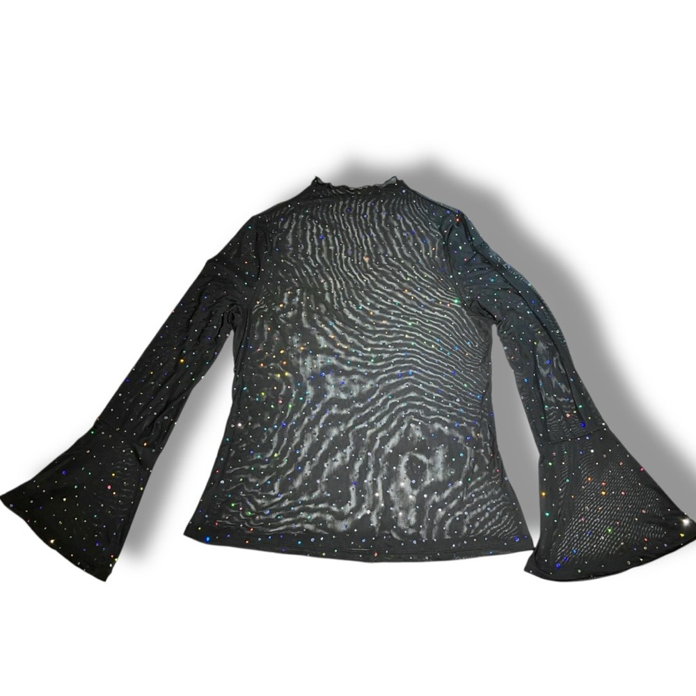 Black women’s mesh top with holographic sequins